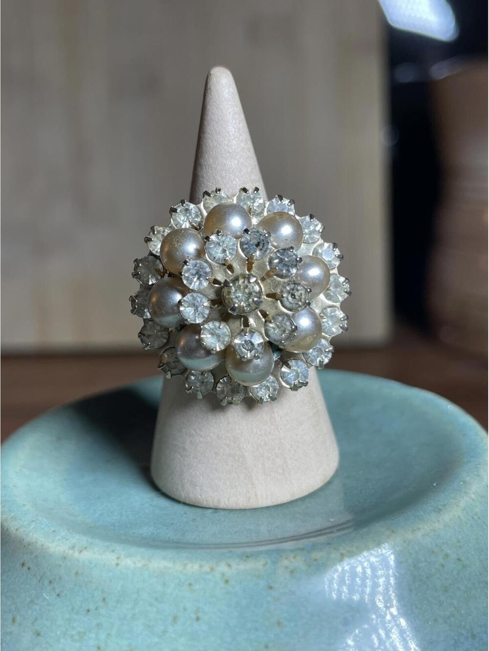 Vintage Faux Pearl And Rhinestone Dome Adjustable Ring